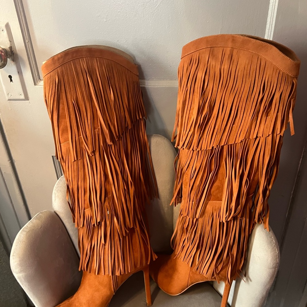 Fringe Suede Knee-High Boots - Tan